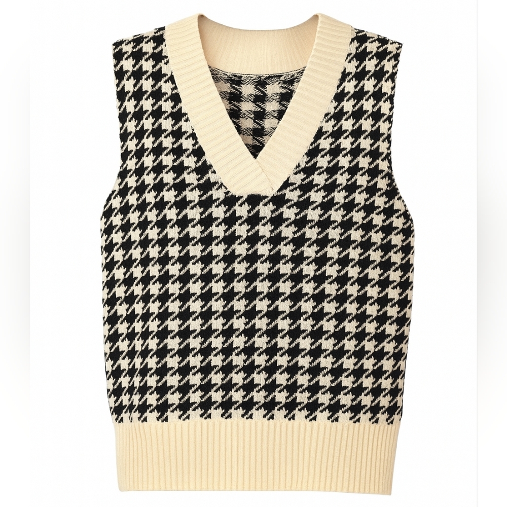 New‎ Houndstooth Oversized Knit Vest Sleeveless Streetwear Size S